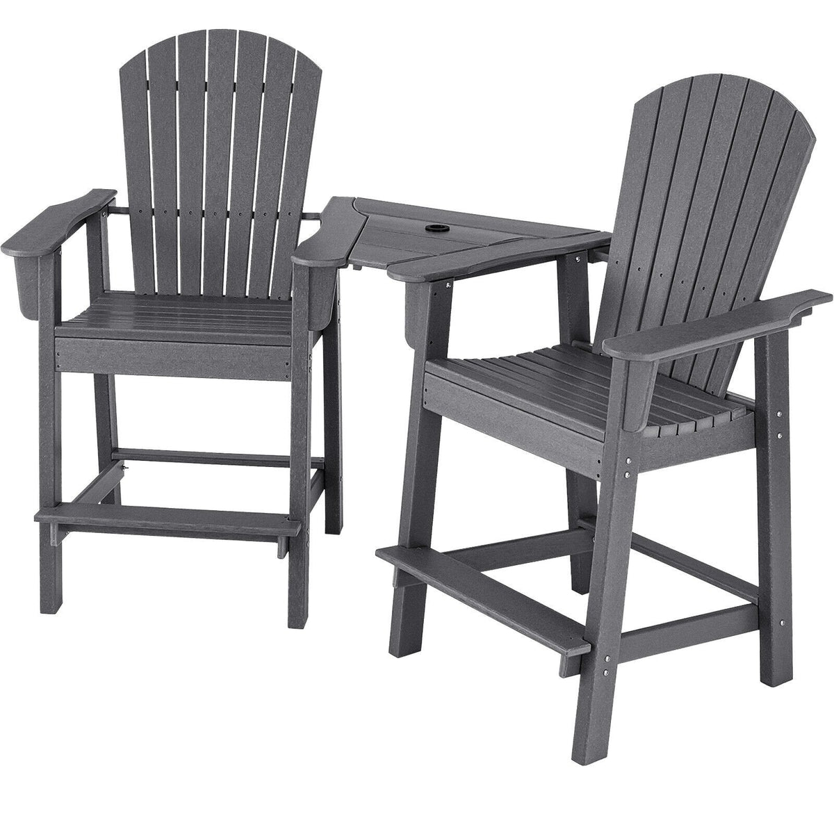 2 chaises hautes de jardin Adirondack en PEHD avec plateau central de connexion - Gris