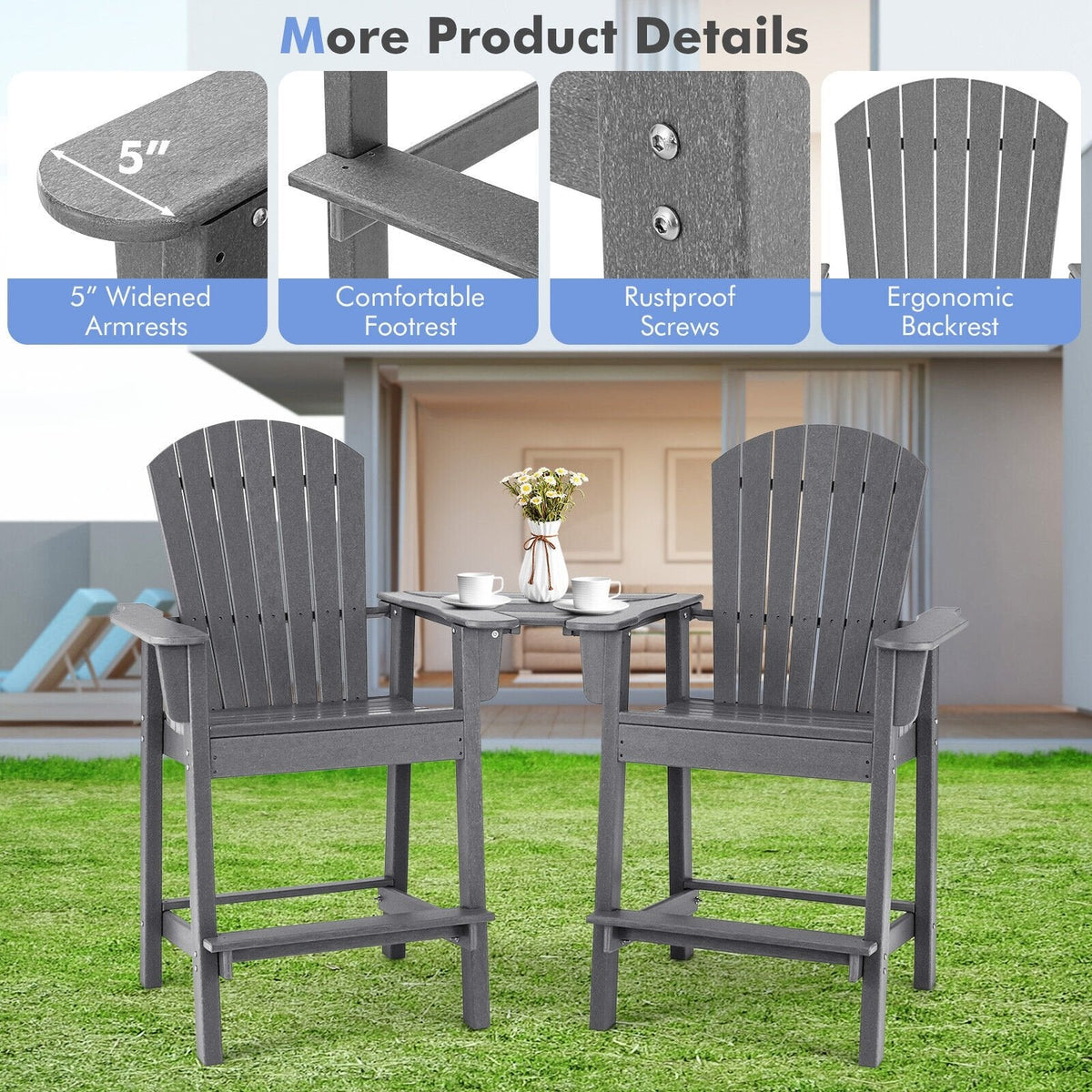 2 chaises hautes de jardin Adirondack en PEHD avec plateau central de connexion - Gris