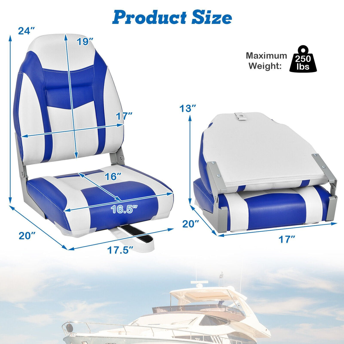 Set aus 2 klappbaren Bootssitzen mit hoher Rückenlehne und Schaumstoffpolster, blau
