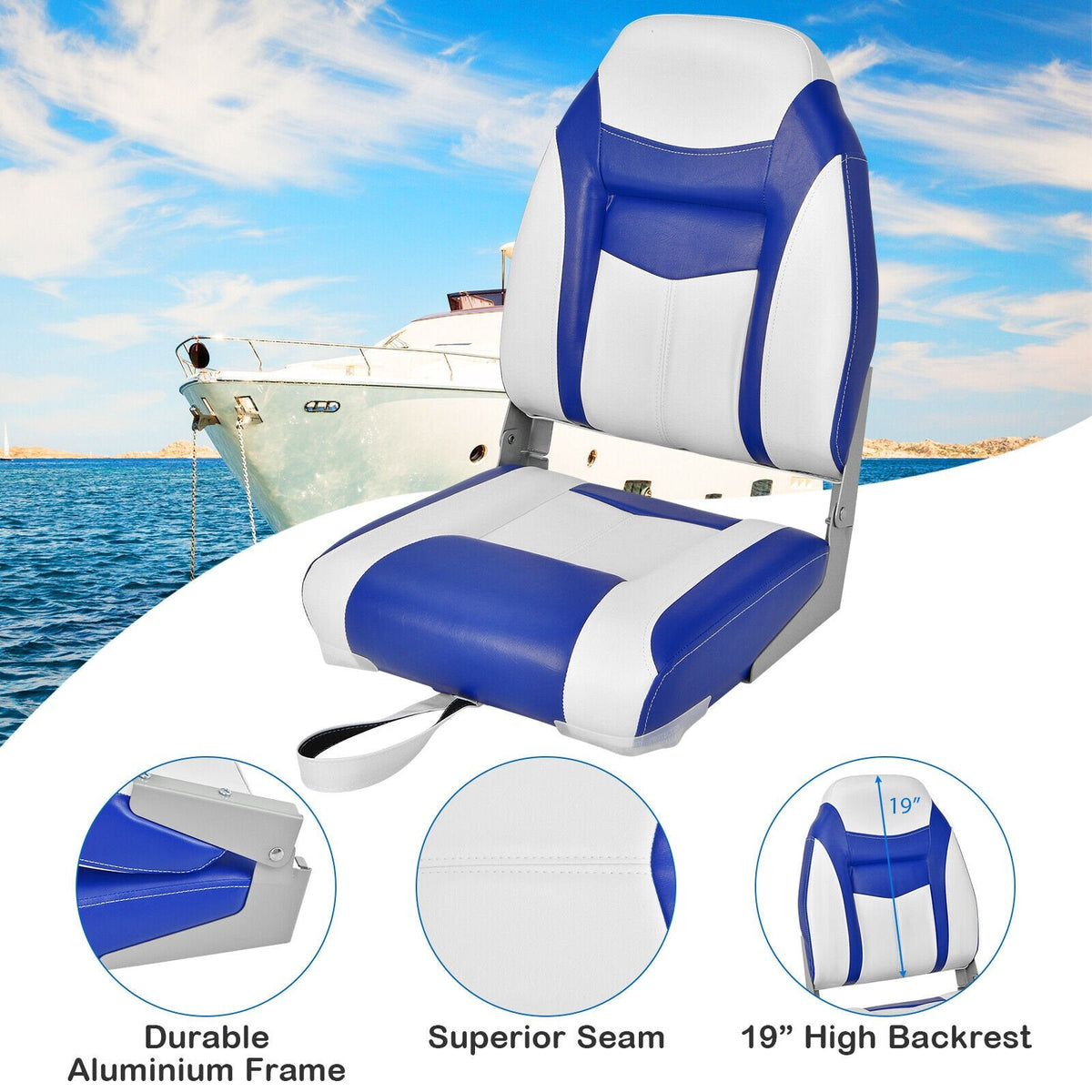 Set aus 2 klappbaren Bootssitzen mit hoher Rückenlehne und Schaumstoffpolster, blau