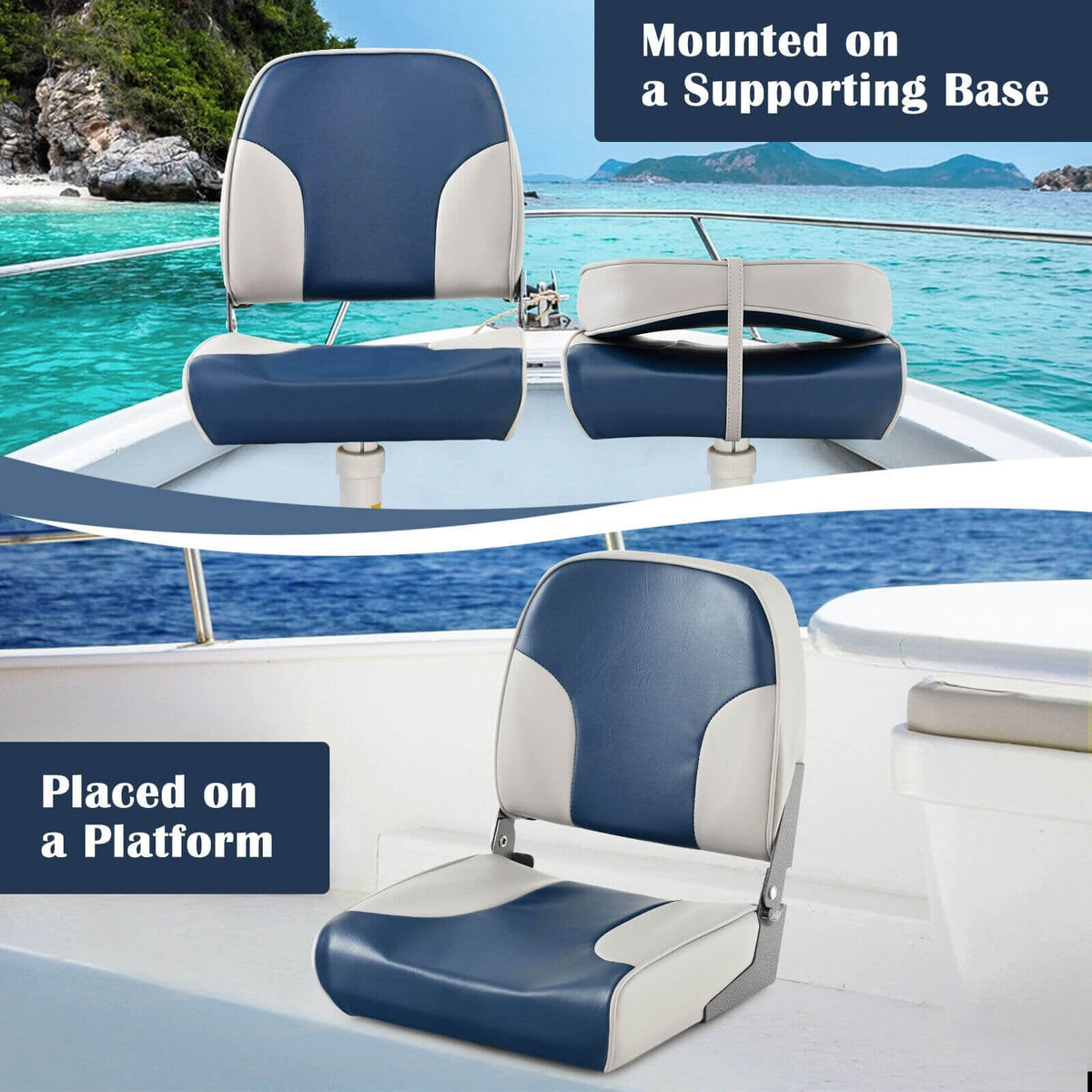 Lot de 2 sièges bateau à dossier bas avec rembourrage éponge et charnières en aluminium - Bleu