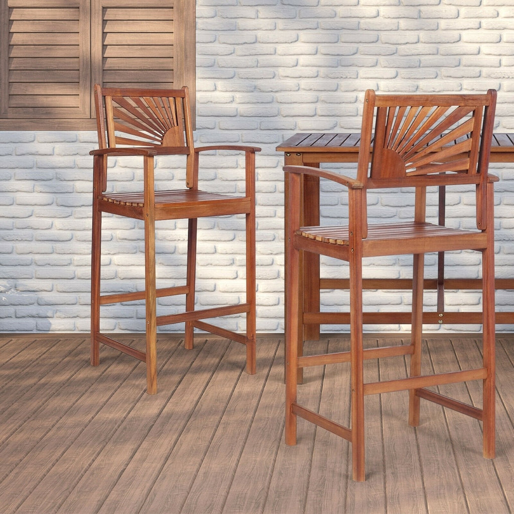 2 Fauteuils de Bar d'Extérieur en Bois d'Acacia avec Dossier Tournesol et Accoudoirs