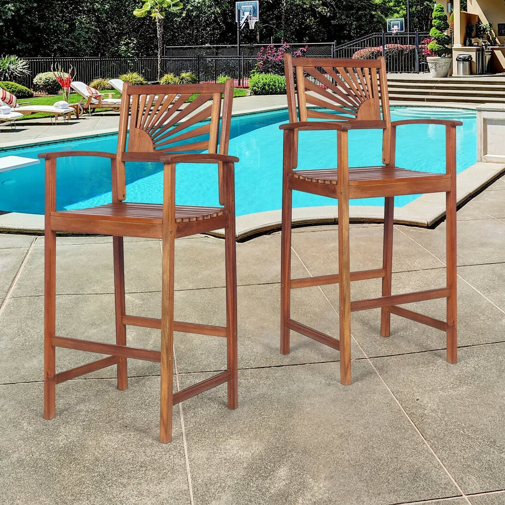 2 Fauteuils de Bar d'Extérieur en Bois d'Acacia avec Dossier Tournesol et Accoudoirs