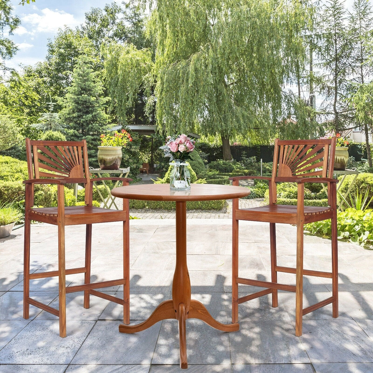 2 Fauteuils de Bar d'Extérieur en Bois d'Acacia avec Dossier Tournesol et Accoudoirs