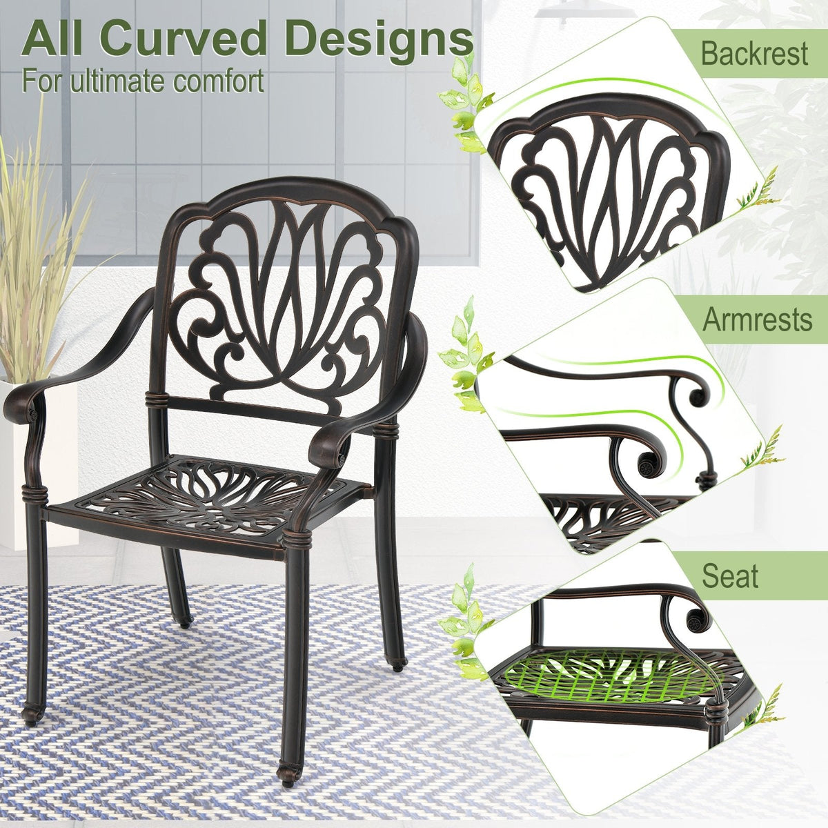 2 sillas de comedor de aluminio fundido para patio con reposabrazos - bronce