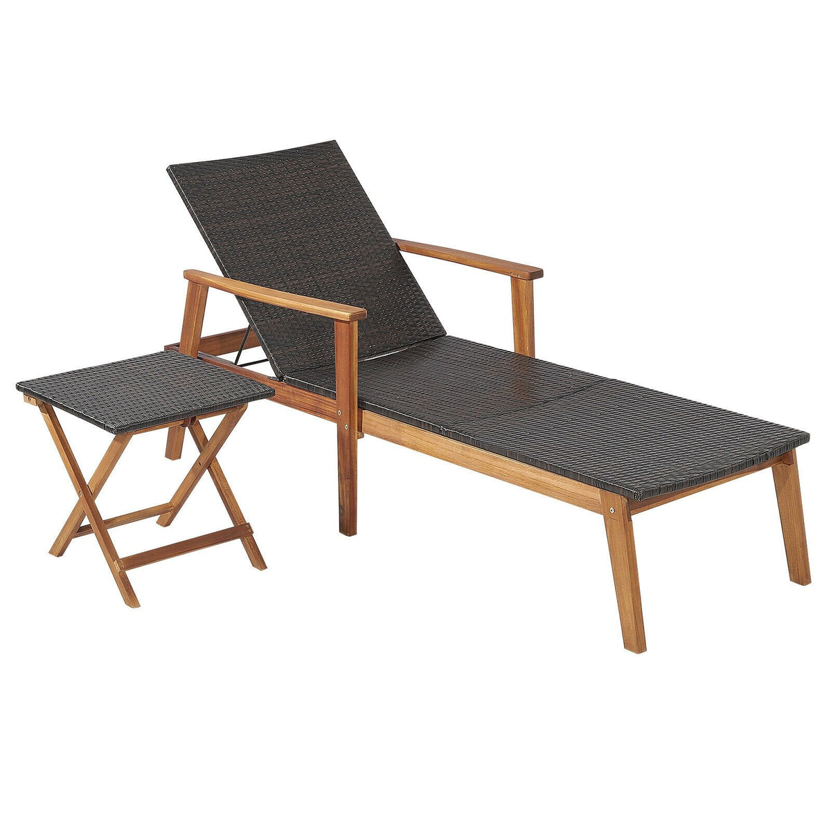 Chaise longue en acacia et osier avec table d'appoint rabattable, capacité de 800 lb