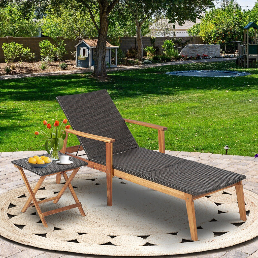 Chaise longue en acacia et osier avec table d'appoint rabattable, capacité de 800 lb