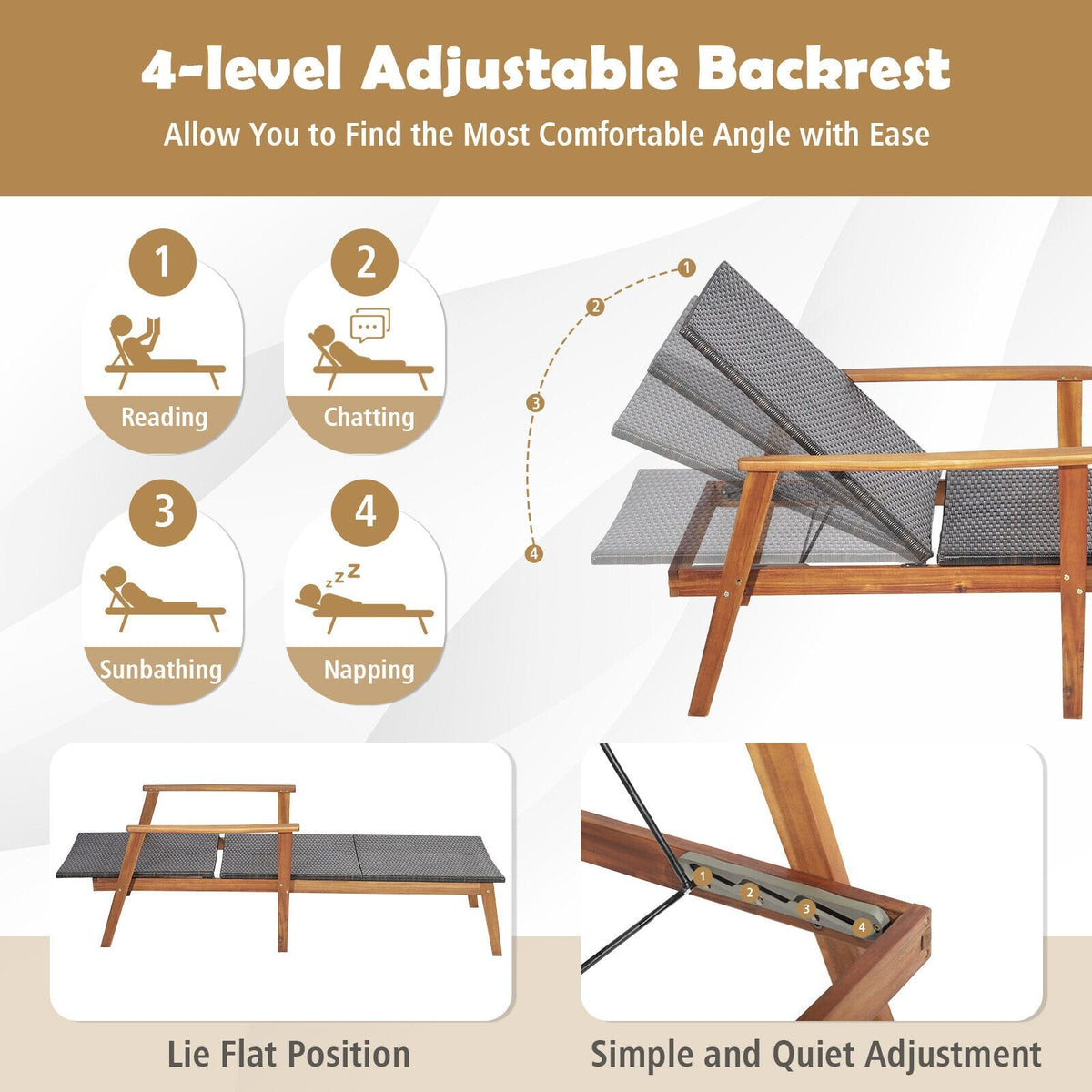 Chaise longue en acacia et osier avec table d'appoint rabattable, capacité de 800 lb