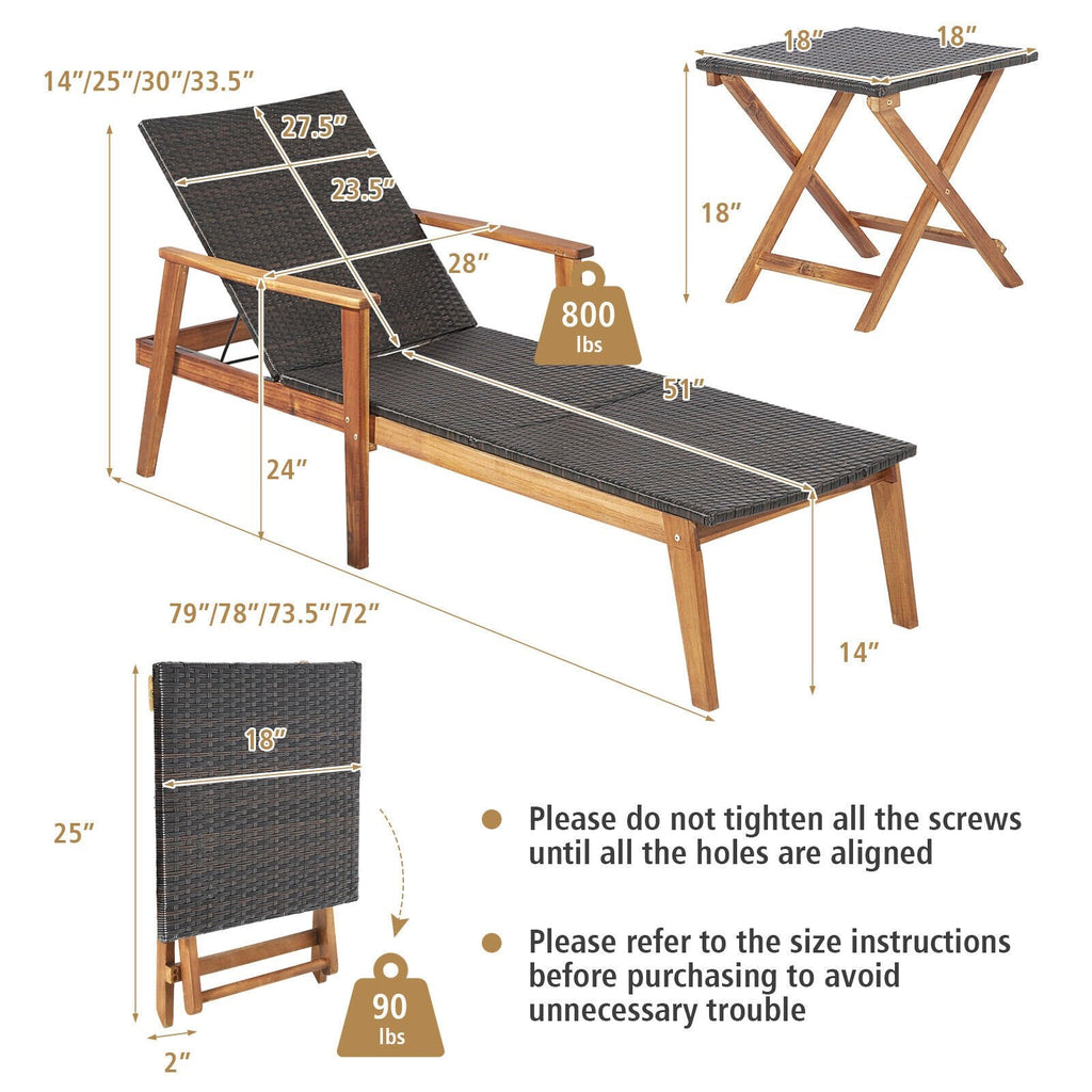 Chaise longue en acacia et osier avec table d'appoint rabattable, capacité de 800 lb