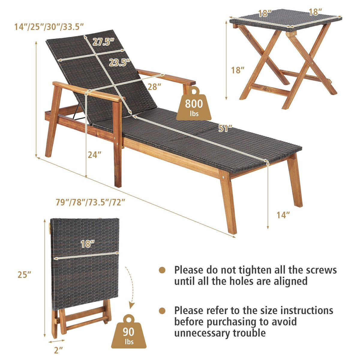 Chaise longue en acacia et osier avec table d'appoint rabattable, capacité de 800 lb
