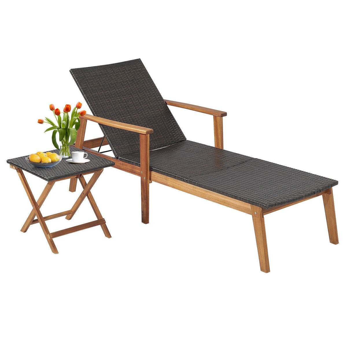 Chaise longue en acacia et osier avec table d'appoint rabattable, capacité de 800 lb