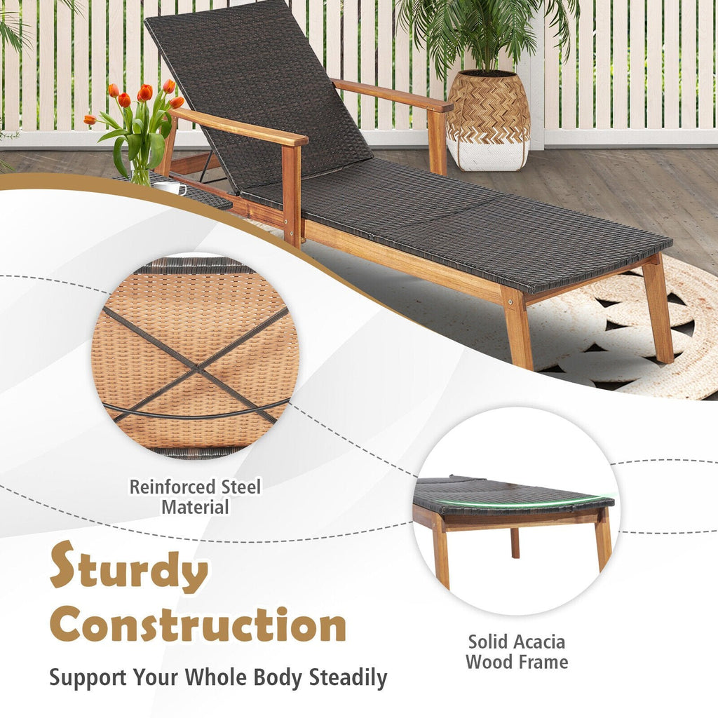 Chaise longue en acacia et osier avec table d'appoint rabattable, capacité de 800 lb