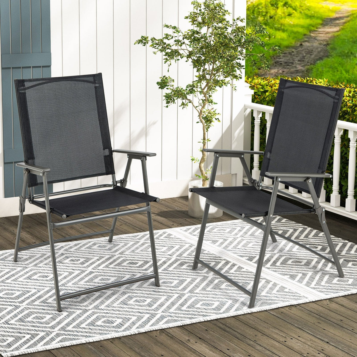 2-teilige klappbare Terrassenstühle mit Armlehnen für Terrasse, Garten und Hof – Schwarz und Grau