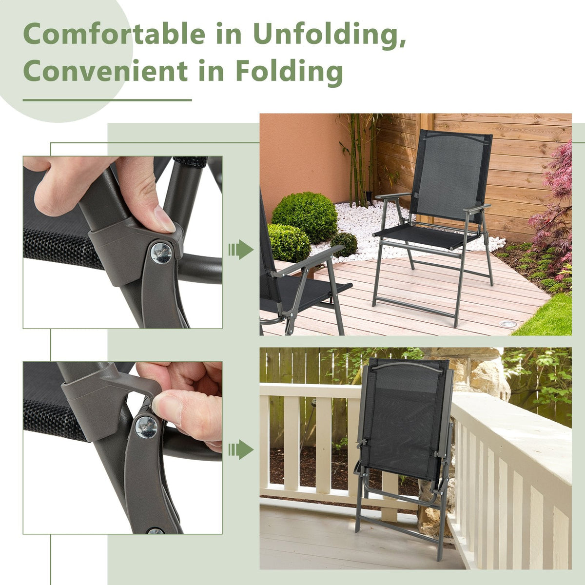 2-teilige klappbare Terrassenstühle mit Armlehnen für Terrasse, Garten und Hof – Schwarz und Grau