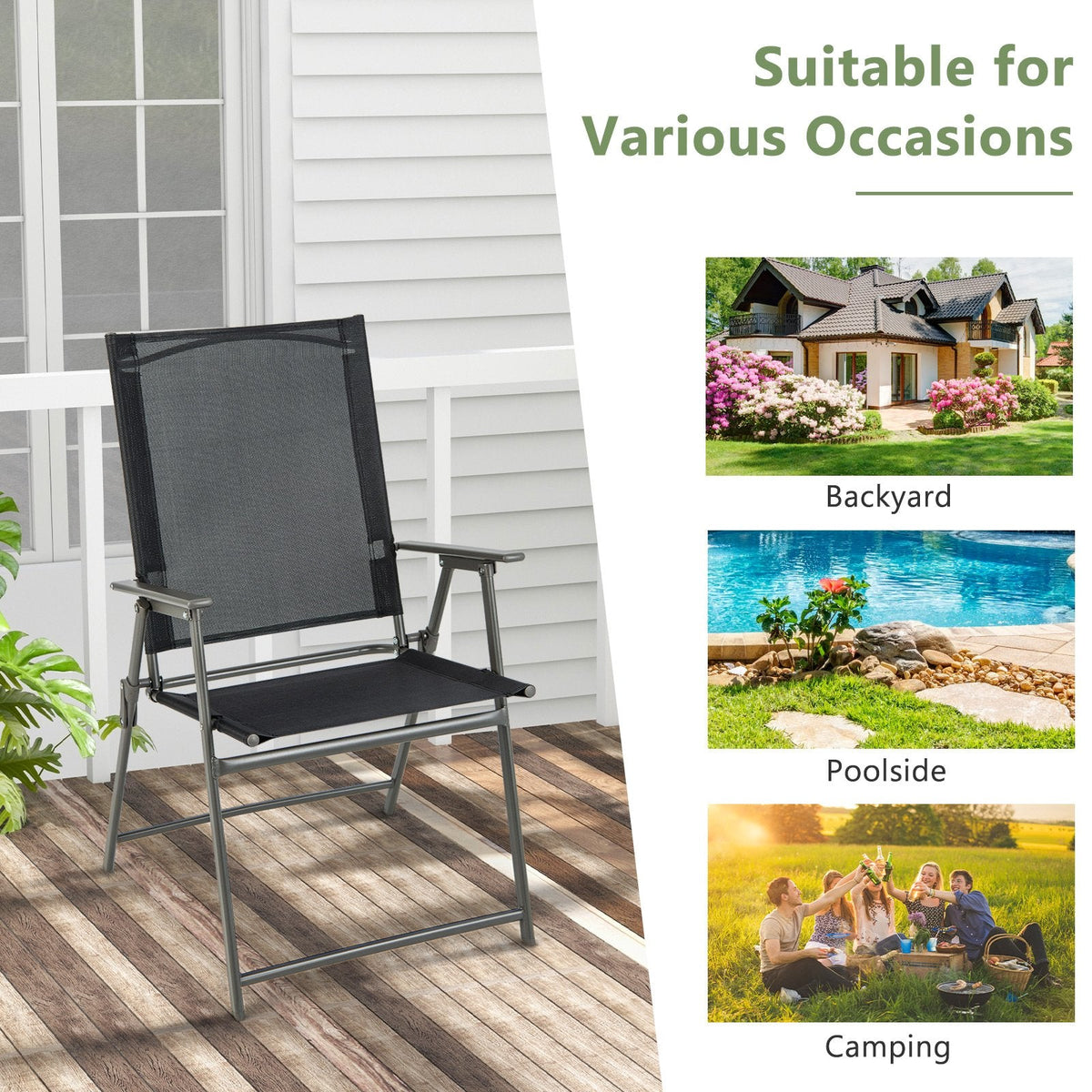 2 chaises de patio pliantes avec accoudoirs pour terrasse jardin – Noir et gris
