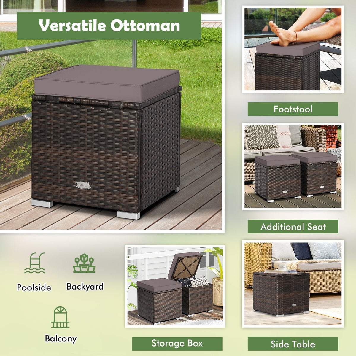 2 otomanas de patio con cojines removibles - gris