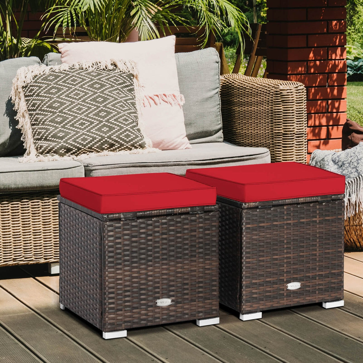 2-teiliges Garten-Ottoman-Set mit abnehmbaren Kissen – Rot