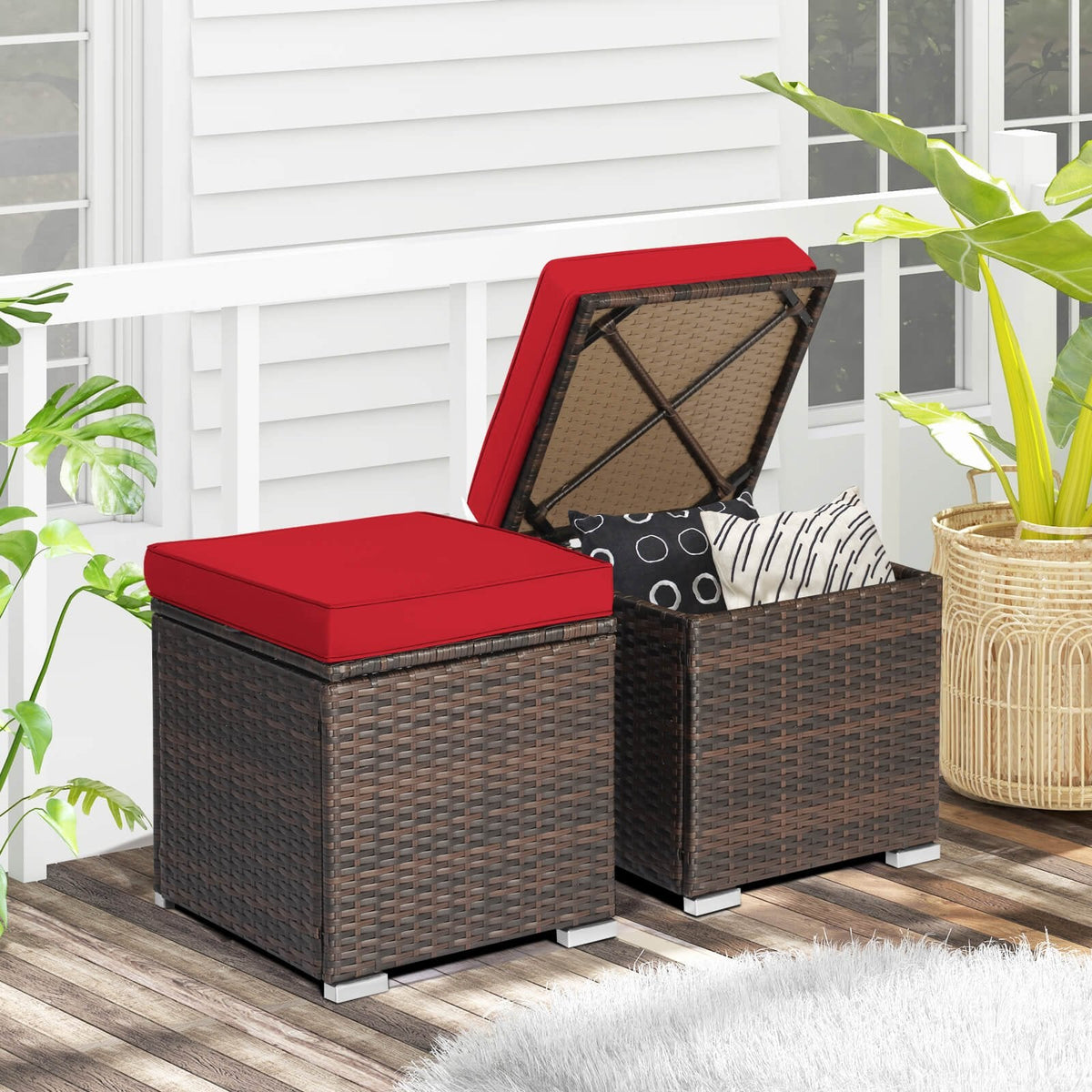 2-teiliges Garten-Ottoman-Set mit abnehmbaren Kissen – Rot