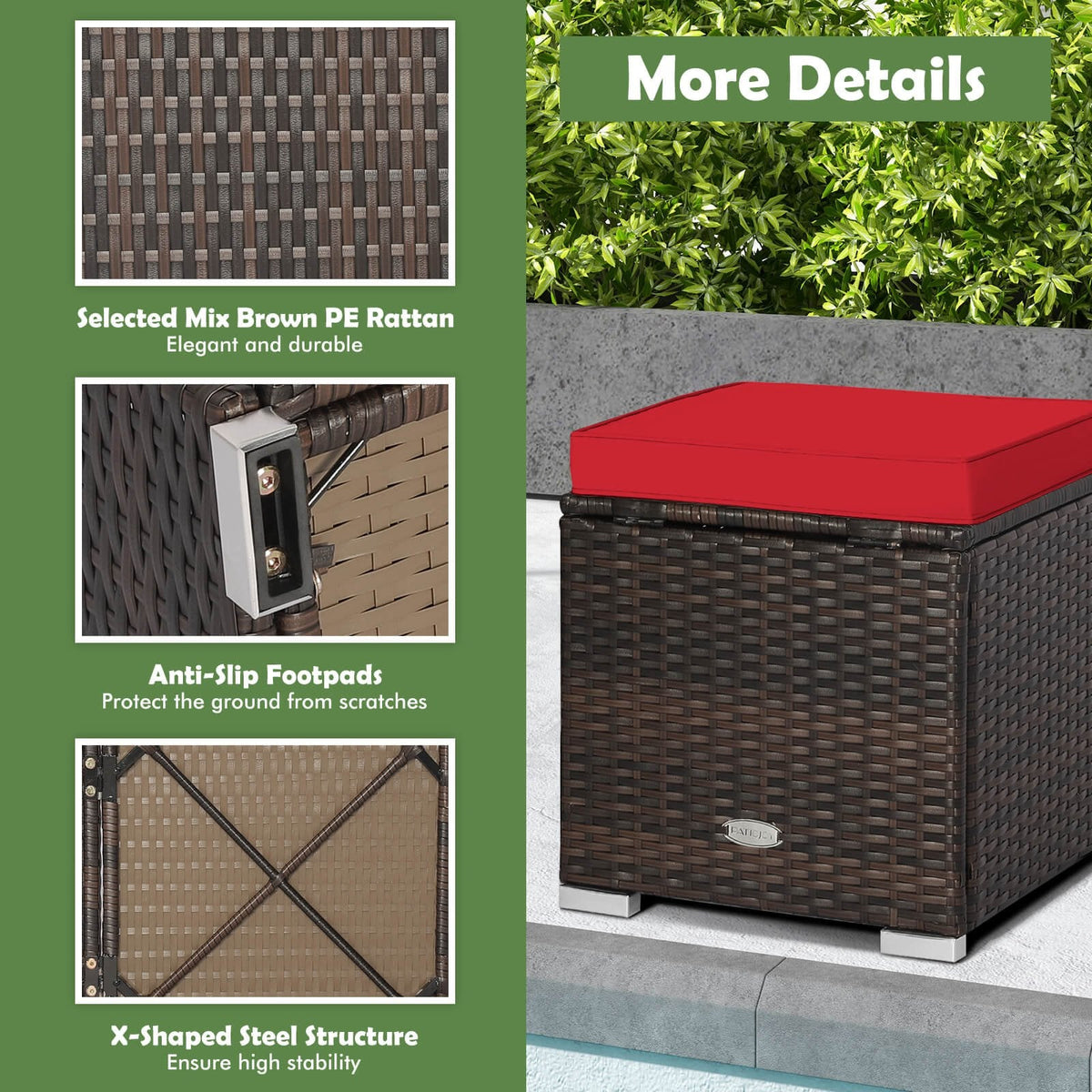 2-teiliges Garten-Ottoman-Set mit abnehmbaren Kissen – Rot