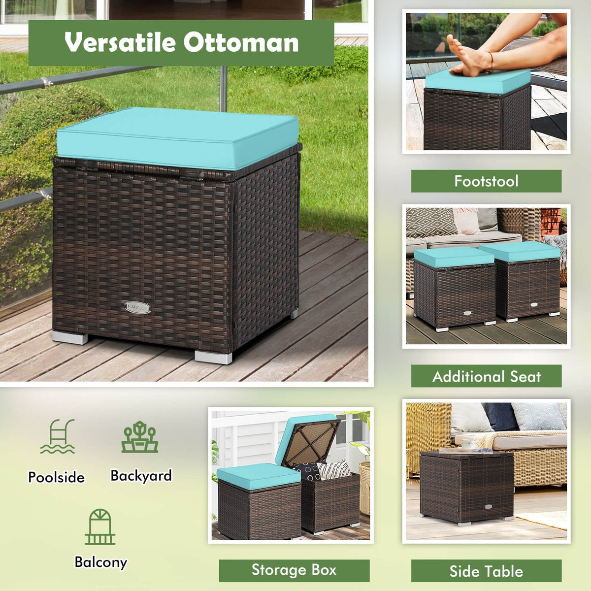 2 poufs de patio avec coussins amovibles - Turquoise