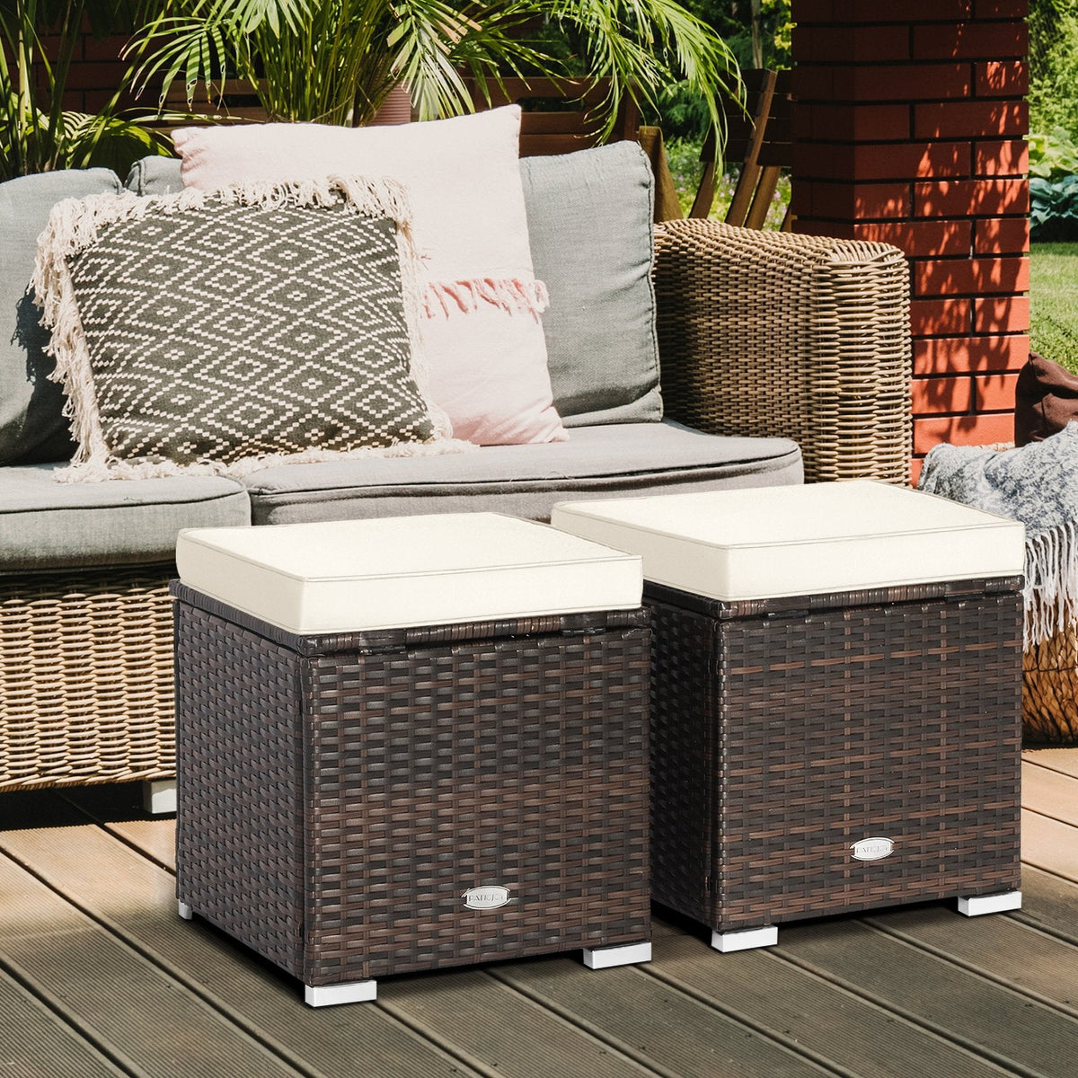 Lot de 2 poufs de terrasse avec coussins amovibles - Blanc