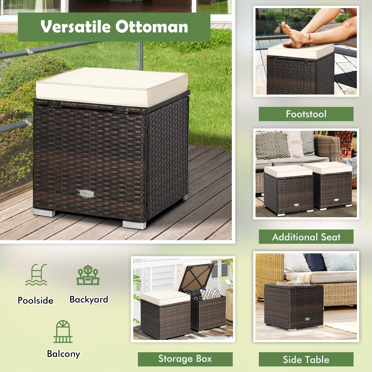 Lot de 2 poufs de terrasse avec coussins amovibles - Blanc