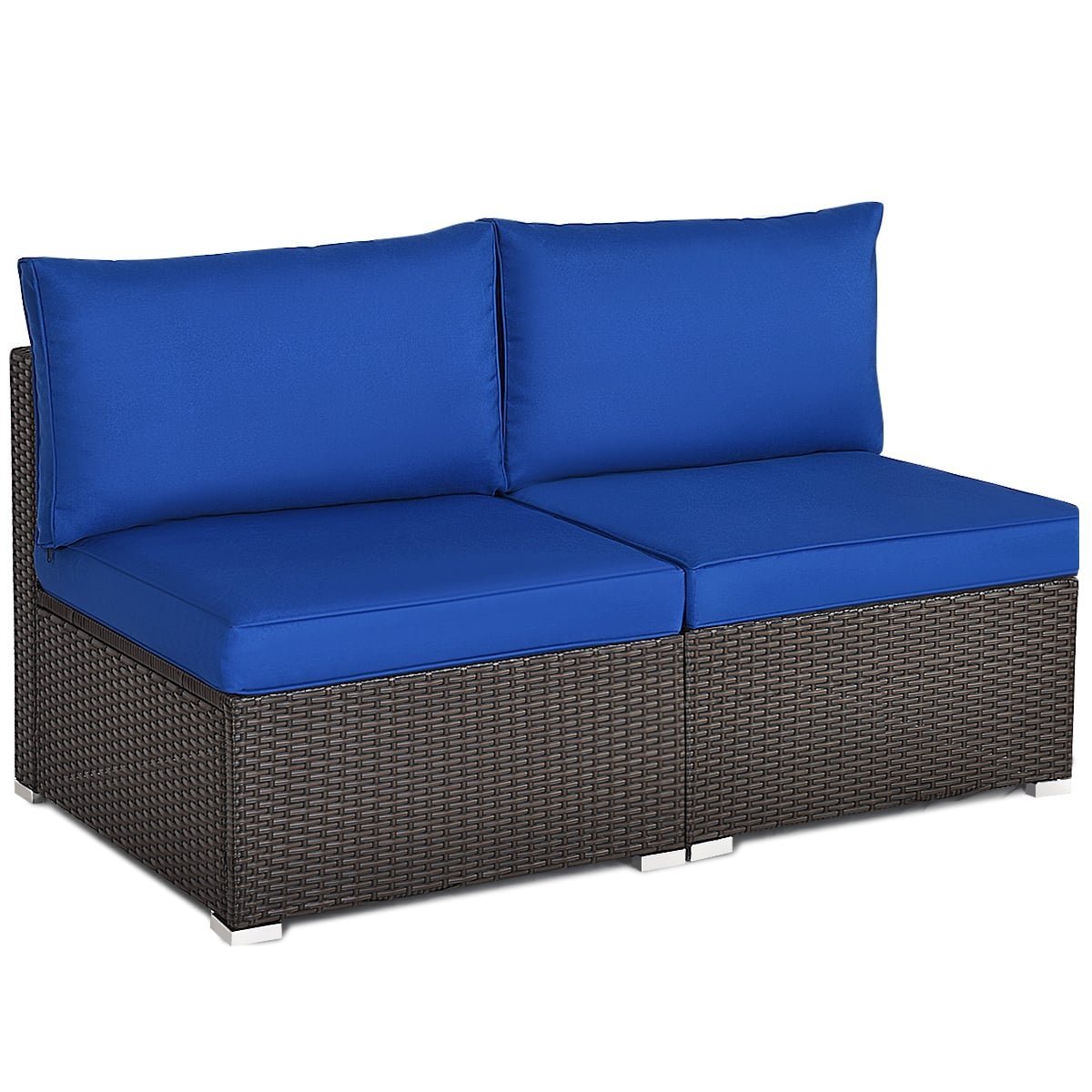 2 Piece Armless Patio Rattan Sofa Set, Sectional Add On Middles with 6 Inch Seat Cushions, Deep Blue