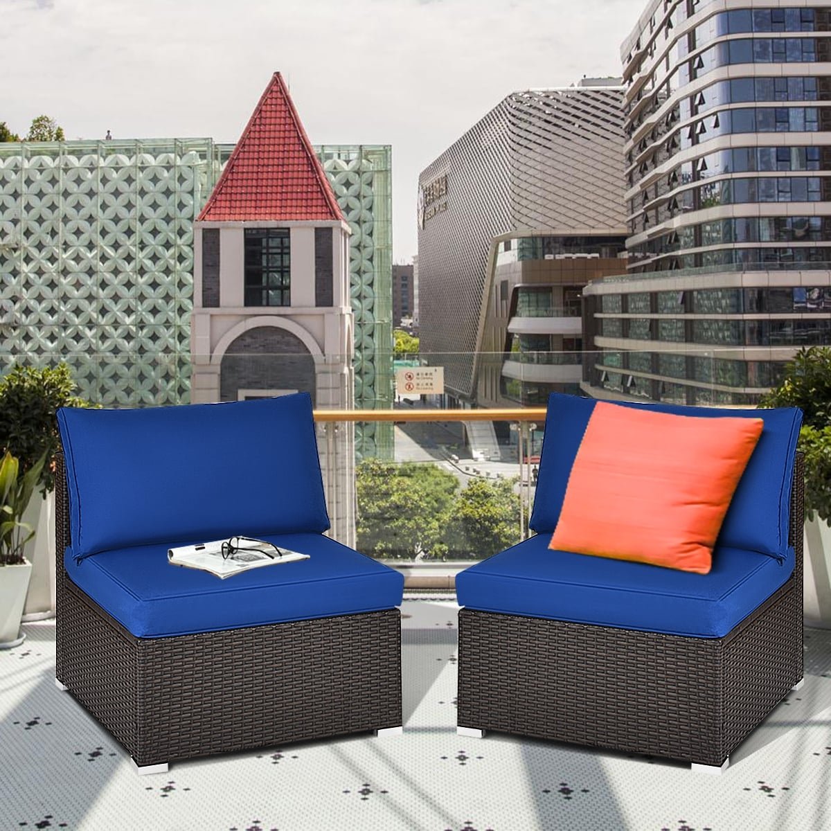 2 Piece Armless Patio Rattan Sofa Set, Sectional Add On Middles with 6 Inch Seat Cushions, Deep Blue