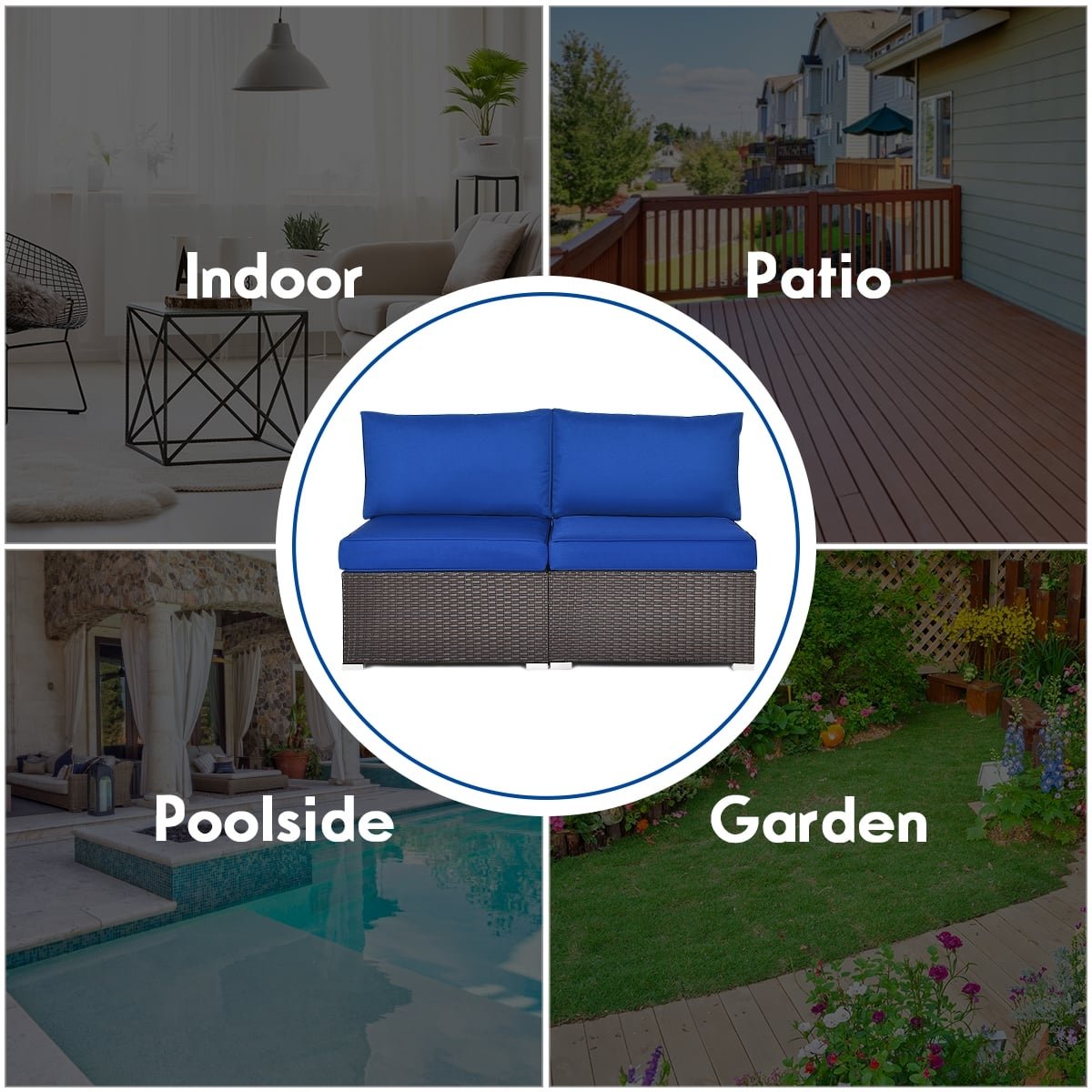 2 Piece Armless Patio Rattan Sofa Set, Sectional Add On Middles with 6 Inch Seat Cushions, Deep Blue