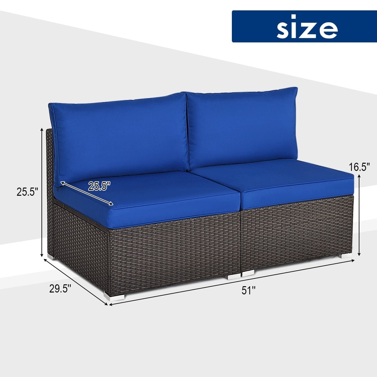 2 Piece Armless Patio Rattan Sofa Set, Sectional Add On Middles with 6 Inch Seat Cushions, Deep Blue