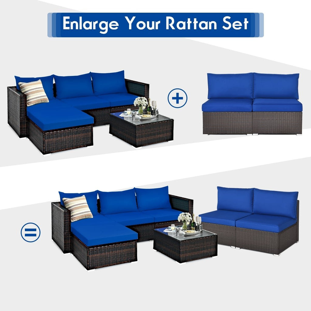 2 Piece Armless Patio Rattan Sofa Set, Sectional Add On Middles with 6 Inch Seat Cushions, Deep Blue