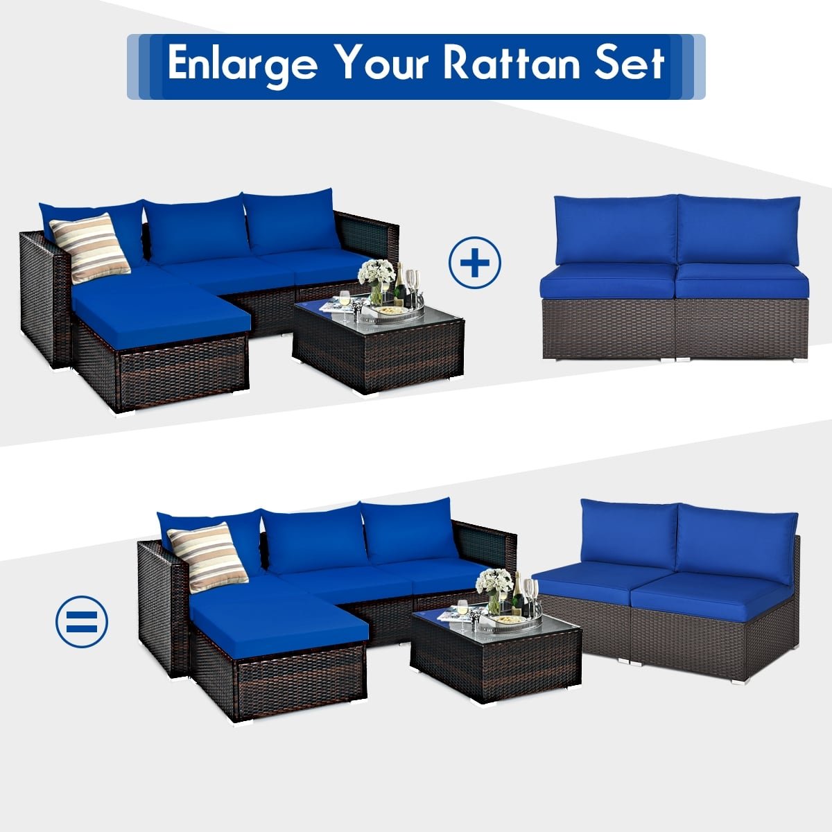 2 Piece Armless Patio Rattan Sofa Set, Sectional Add On Middles with 6 Inch Seat Cushions, Deep Blue