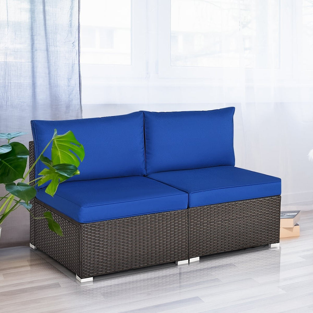 2 Piece Armless Patio Rattan Sofa Set, Sectional Add On Middles with 6 Inch Seat Cushions, Deep Blue