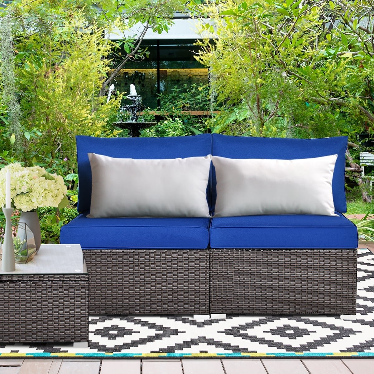 2 Piece Armless Patio Rattan Sofa Set, Sectional Add On Middles with 6 Inch Seat Cushions, Deep Blue