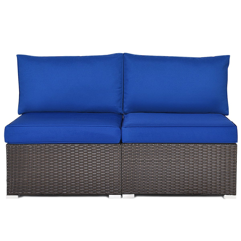 2 Piece Armless Patio Rattan Sofa Set, Sectional Add On Middles with 6 Inch Seat Cushions, Deep Blue
