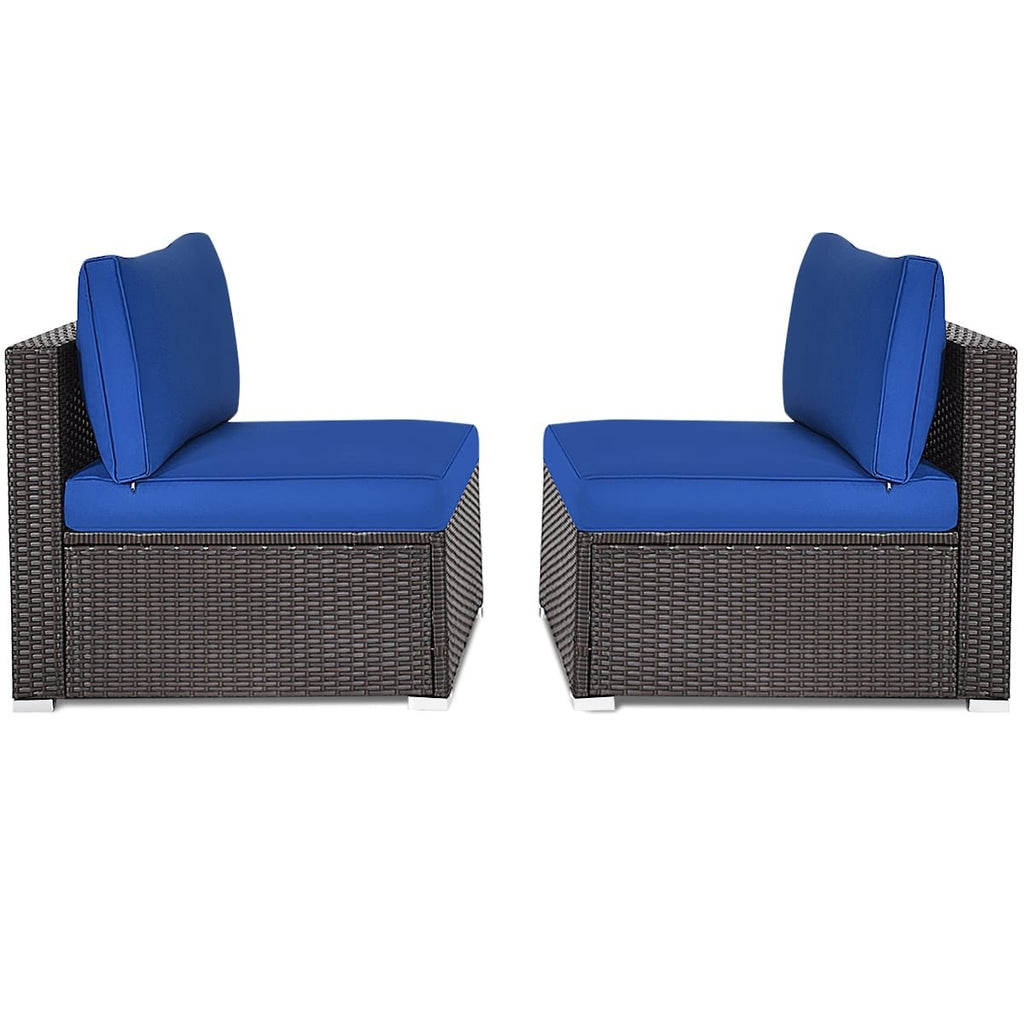 2 Piece Armless Patio Rattan Sofa Set, Sectional Add On Middles with 6 Inch Seat Cushions, Deep Blue