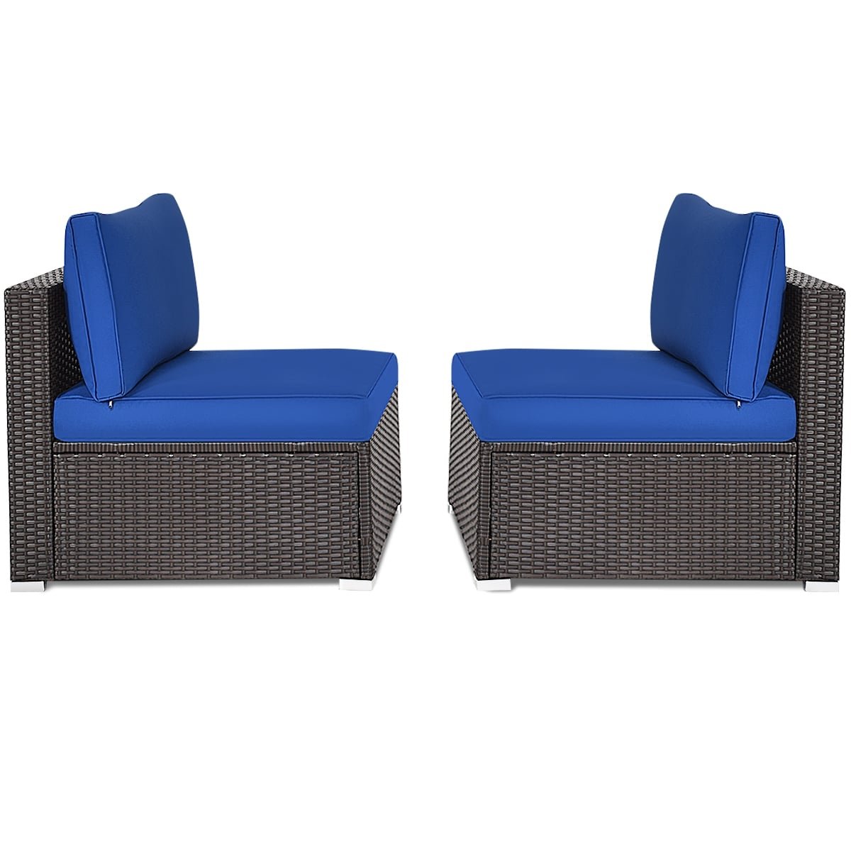 2 Piece Armless Patio Rattan Sofa Set, Sectional Add On Middles with 6 Inch Seat Cushions, Deep Blue