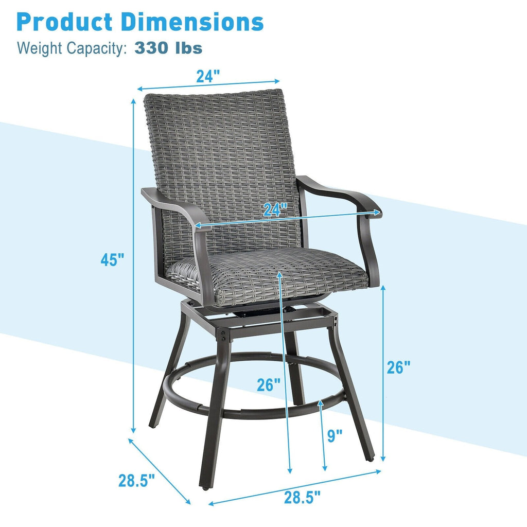 Ensemble de 2 chaises de bar pivotantes de terrasse avec coussin en fibre 4D à séchage rapide