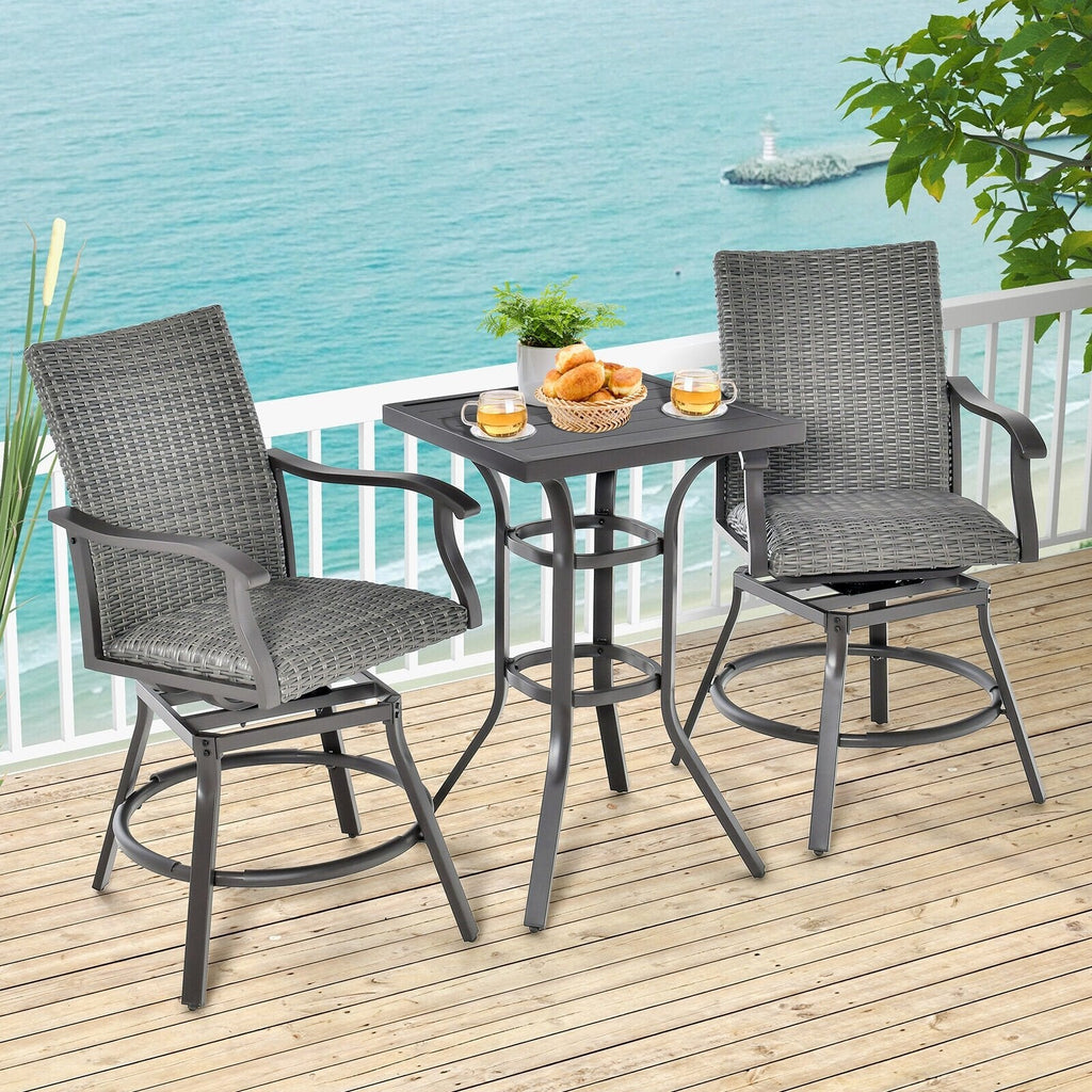 Ensemble de 2 chaises de bar pivotantes de terrasse avec coussin en fibre 4D à séchage rapide