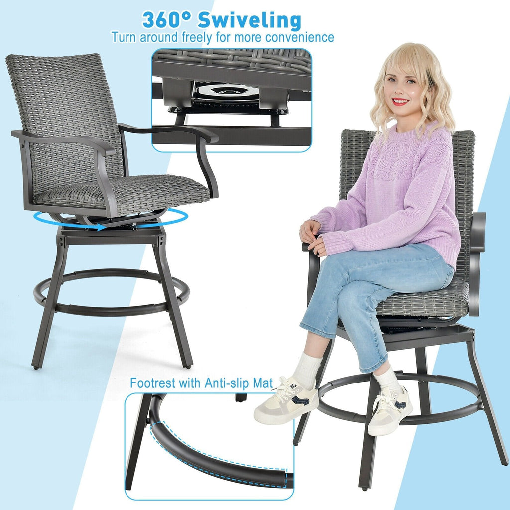 Ensemble de 2 chaises de bar pivotantes de terrasse avec coussin en fibre 4D à séchage rapide