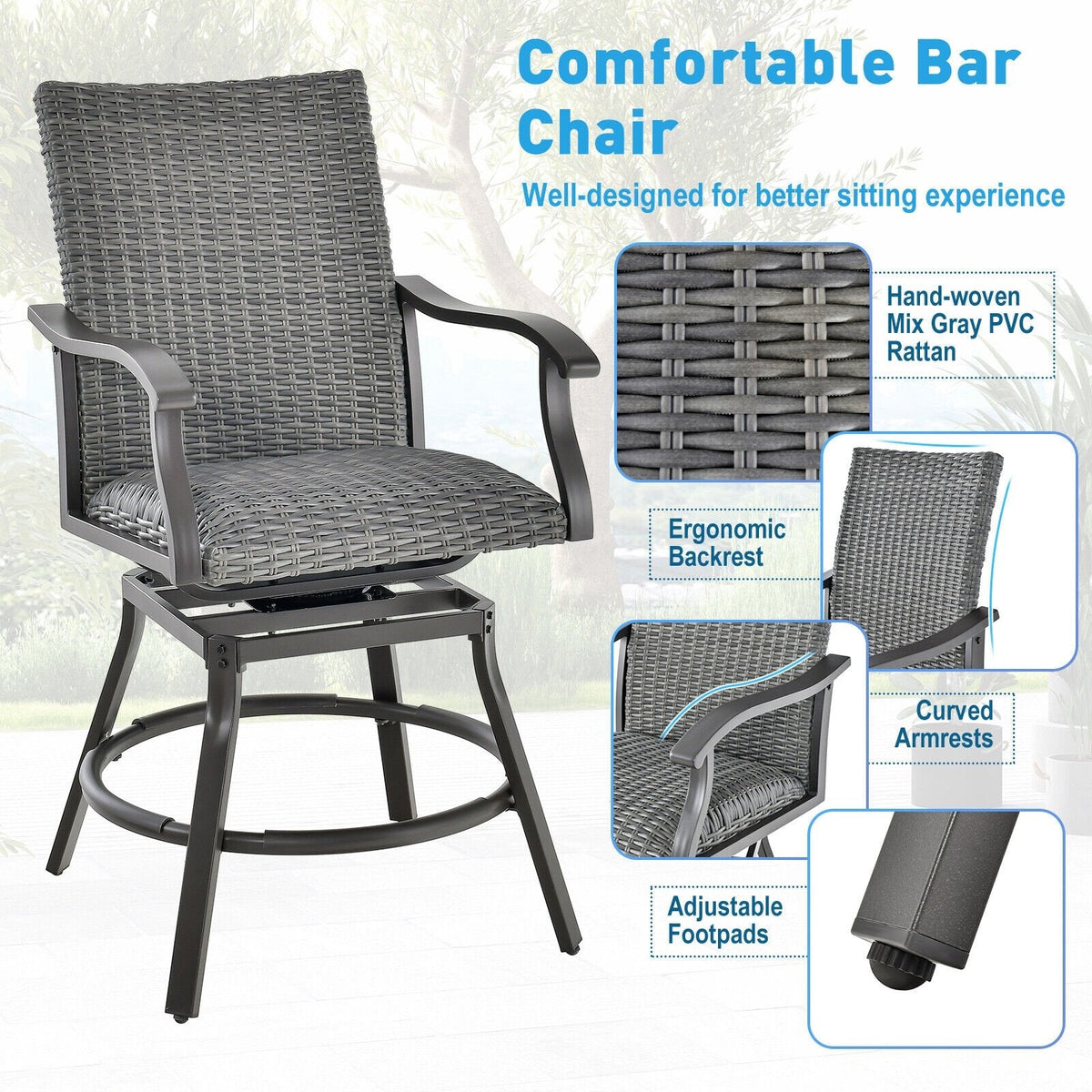 Ensemble de 2 chaises de bar pivotantes de terrasse avec coussin en fibre 4D à séchage rapide