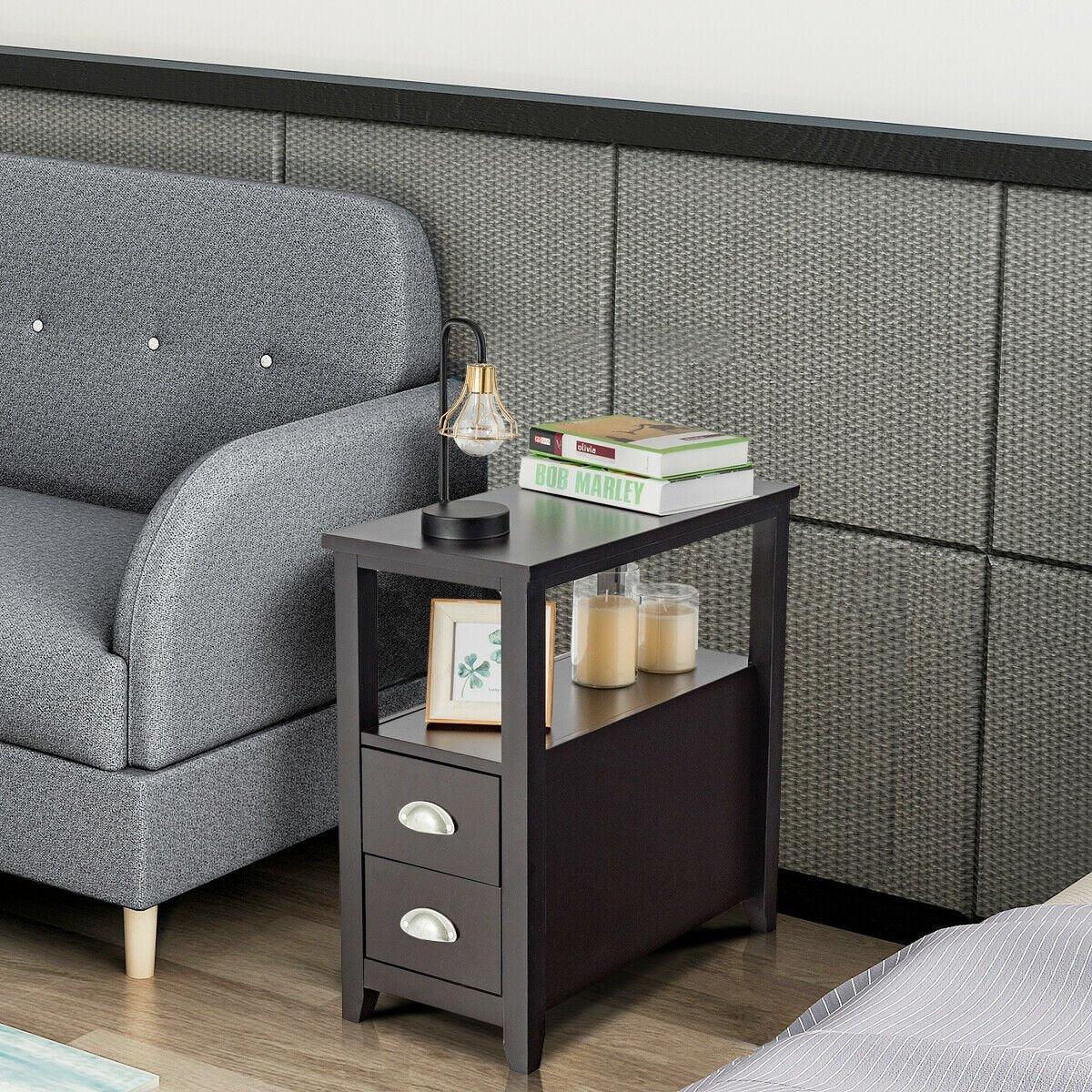 2 Piece Bedside Nightstand Set with 2 Drawers and Shelf, Dark Brown