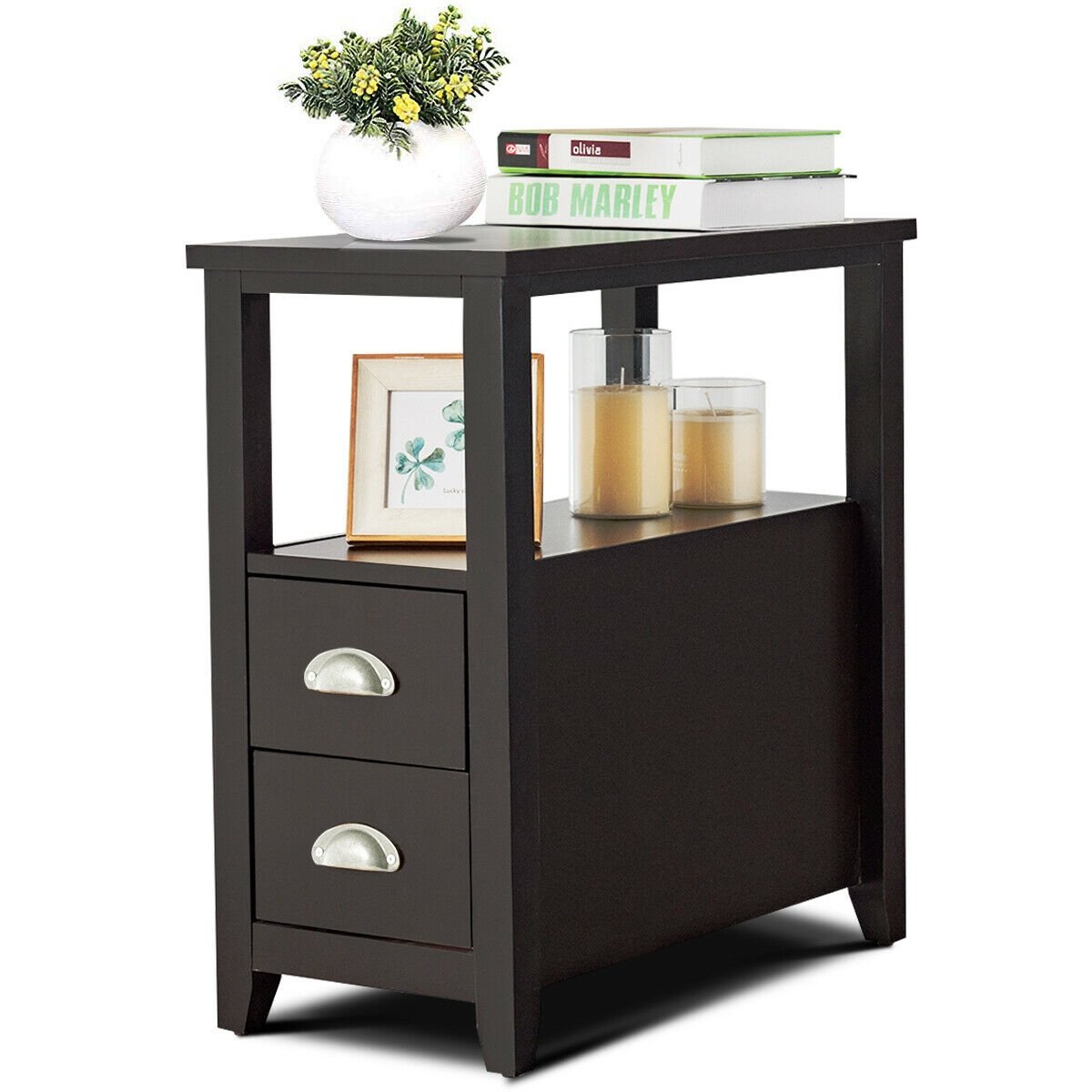 2 Piece Bedside Nightstand Set with 2 Drawers and Shelf, Dark Brown