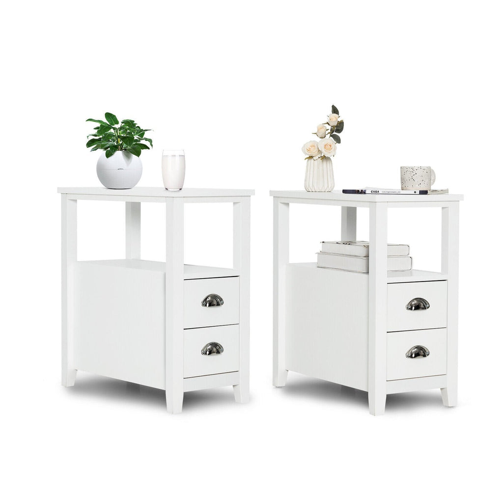 2 Piece Bedside Nightstand Set with 2 Drawers and Shelf, White