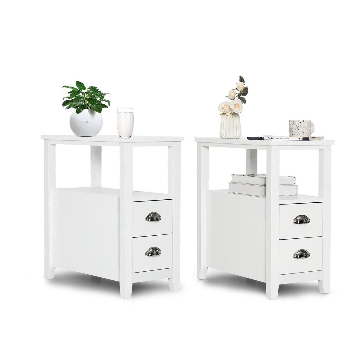 2 Piece Bedside Nightstand Set with 2 Drawers and Shelf, White