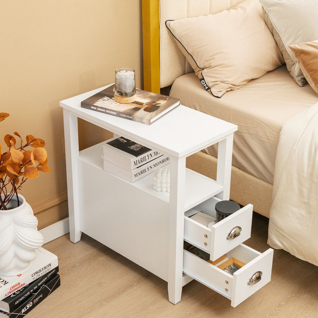 2 Piece Bedside Nightstand Set with 2 Drawers and Shelf, White