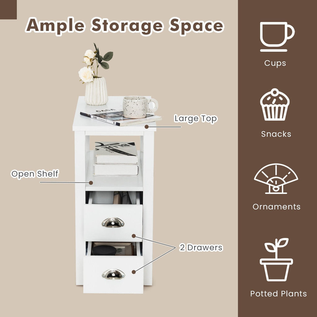 2 Piece Bedside Nightstand Set with 2 Drawers and Shelf, White