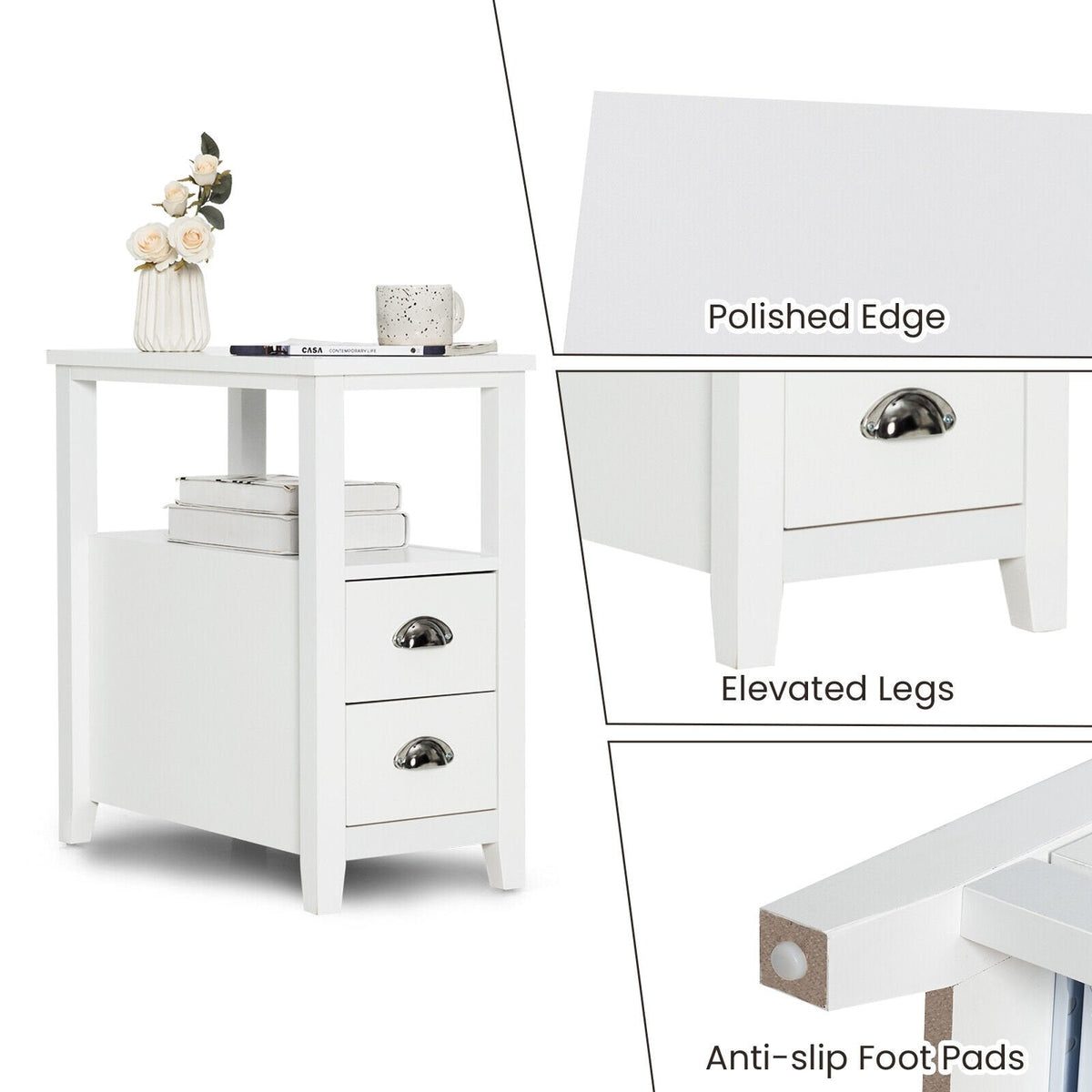 2 Piece Bedside Nightstand Set with 2 Drawers and Shelf, White