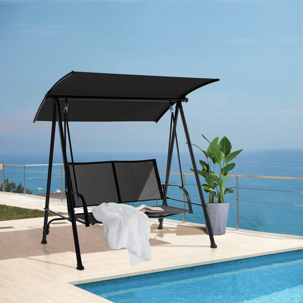 2-Sitzer Outdoor-Hollywoodschaukel mit bequemem Stoffsitz und robustem Metallrahmen - Schwarz