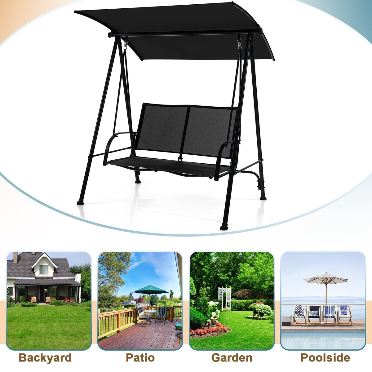 2-Sitzer Outdoor-Hollywoodschaukel mit bequemem Stoffsitz und robustem Metallrahmen - Schwarz